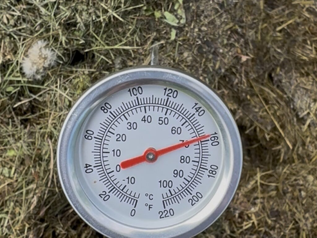 Kompostový teploměr v hromadě trávy ukazuje přes 60 °C, teplotu která ničí semena plevele